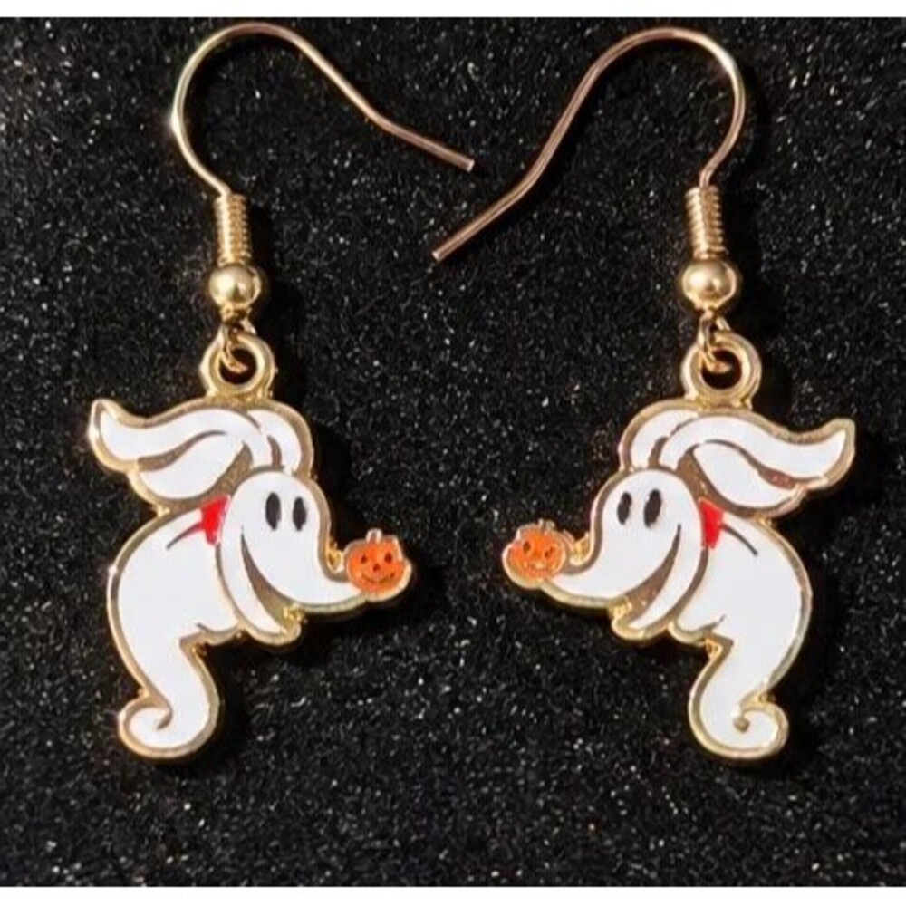 Zero Ghost Halloween Pumpkin Gold Tone Dangle Earrings NBC